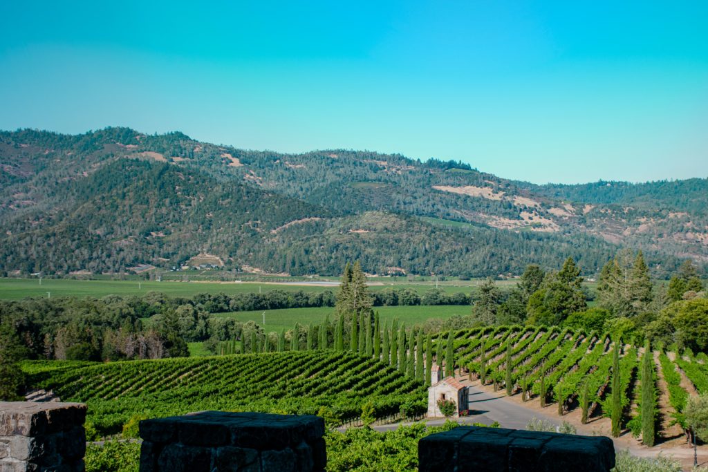 a view overlooking Napa Valley Vineyards from Castello di Amarosa winery in Calistoga, California