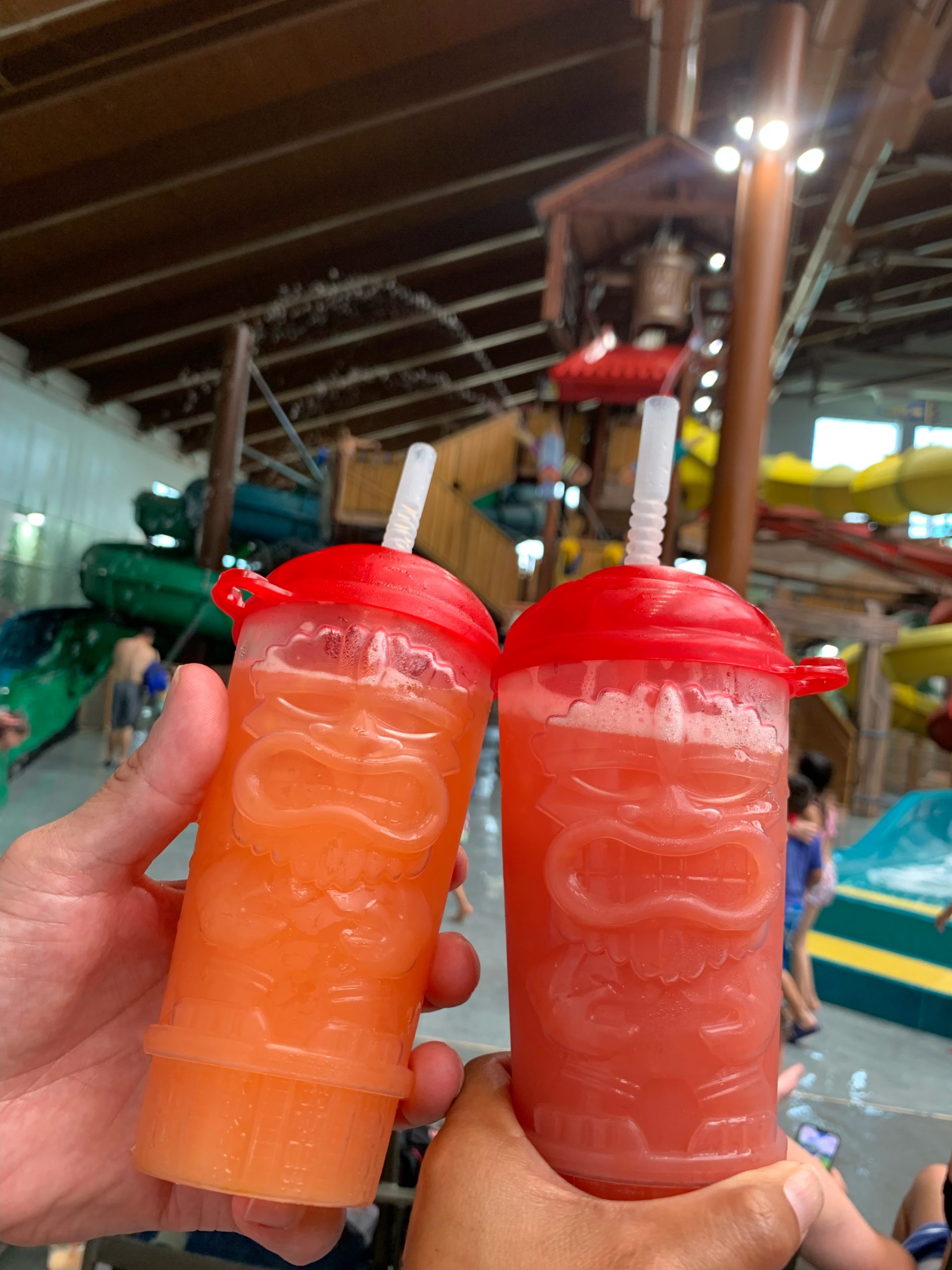 Fruity cocktails in tiki cups at Great Wolf Lodge Manteca California