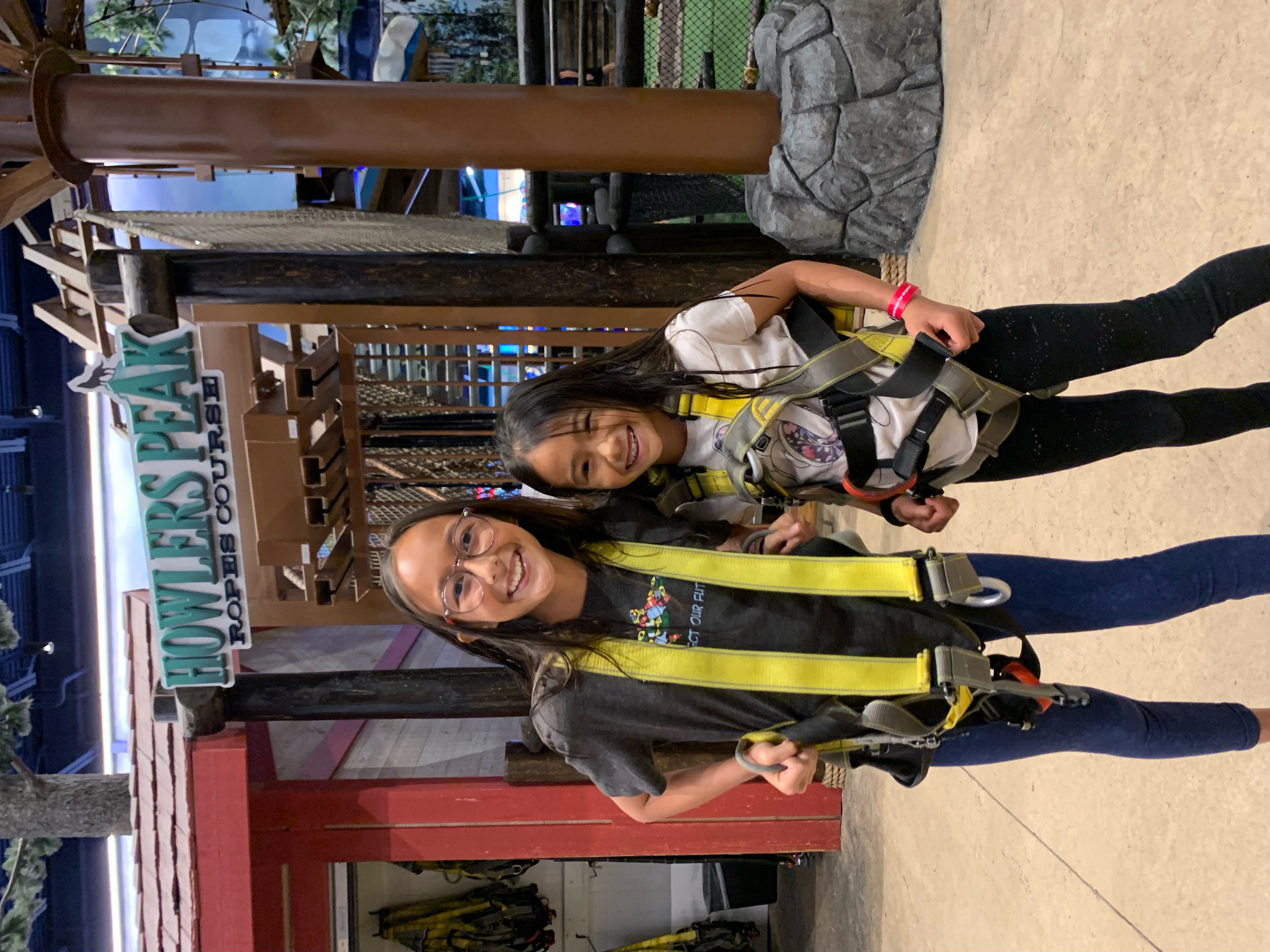 harnessed in for the Howlers Peak ropes course at Great Wolf Lodge in Manteca California