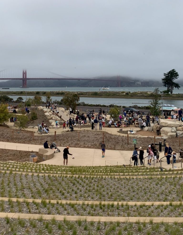 Presidio Tunnel Tops overlooking the fog and Golden Gate Bridge in San Francisco California