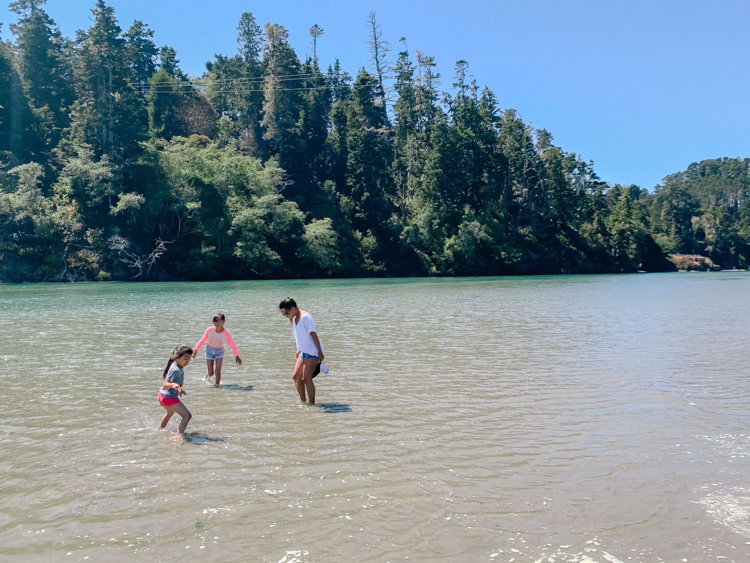 mom and daughters playing in the Big River at Mendocino, California