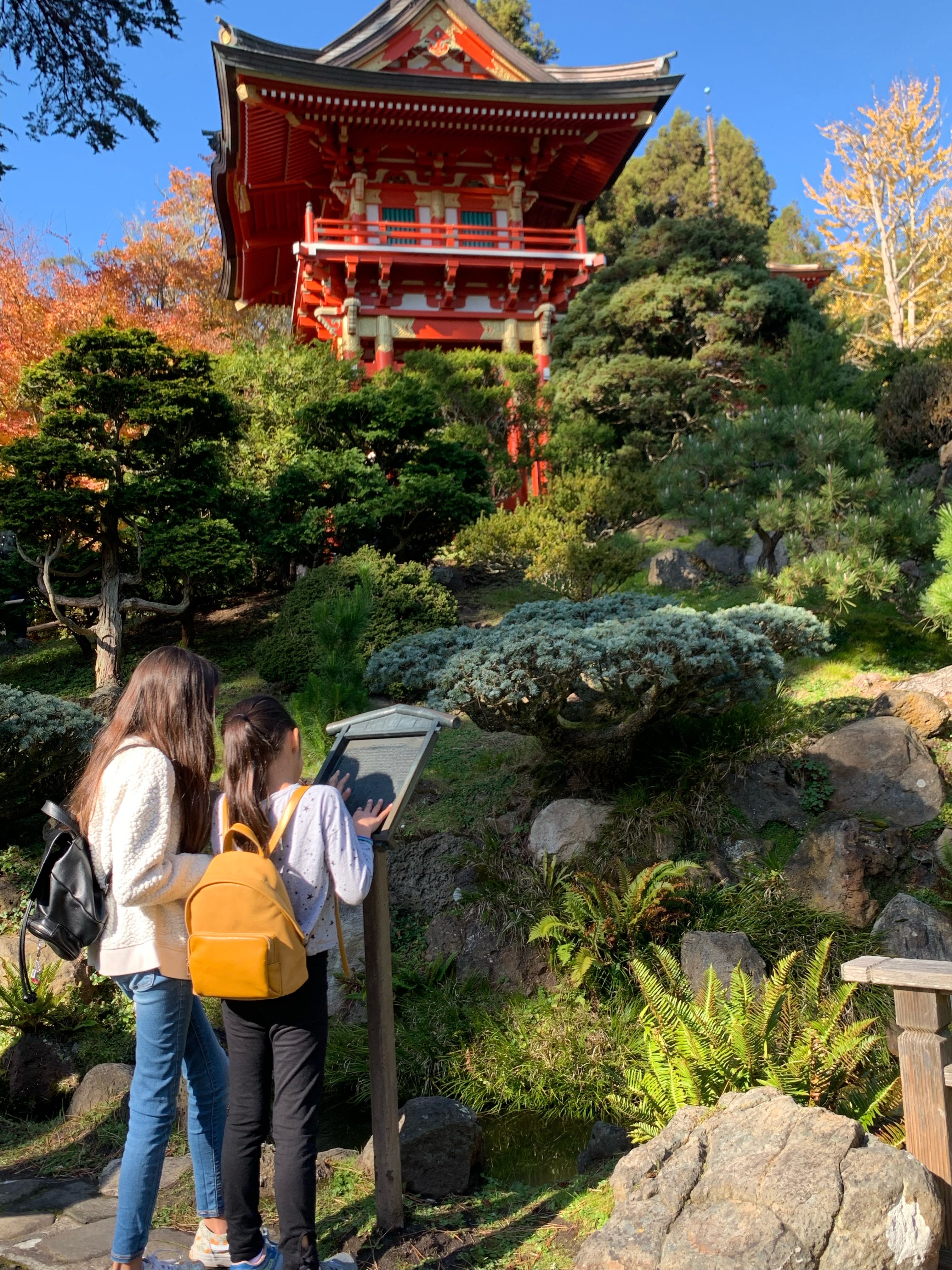 two girls at the pagoda at the japanese tea garden