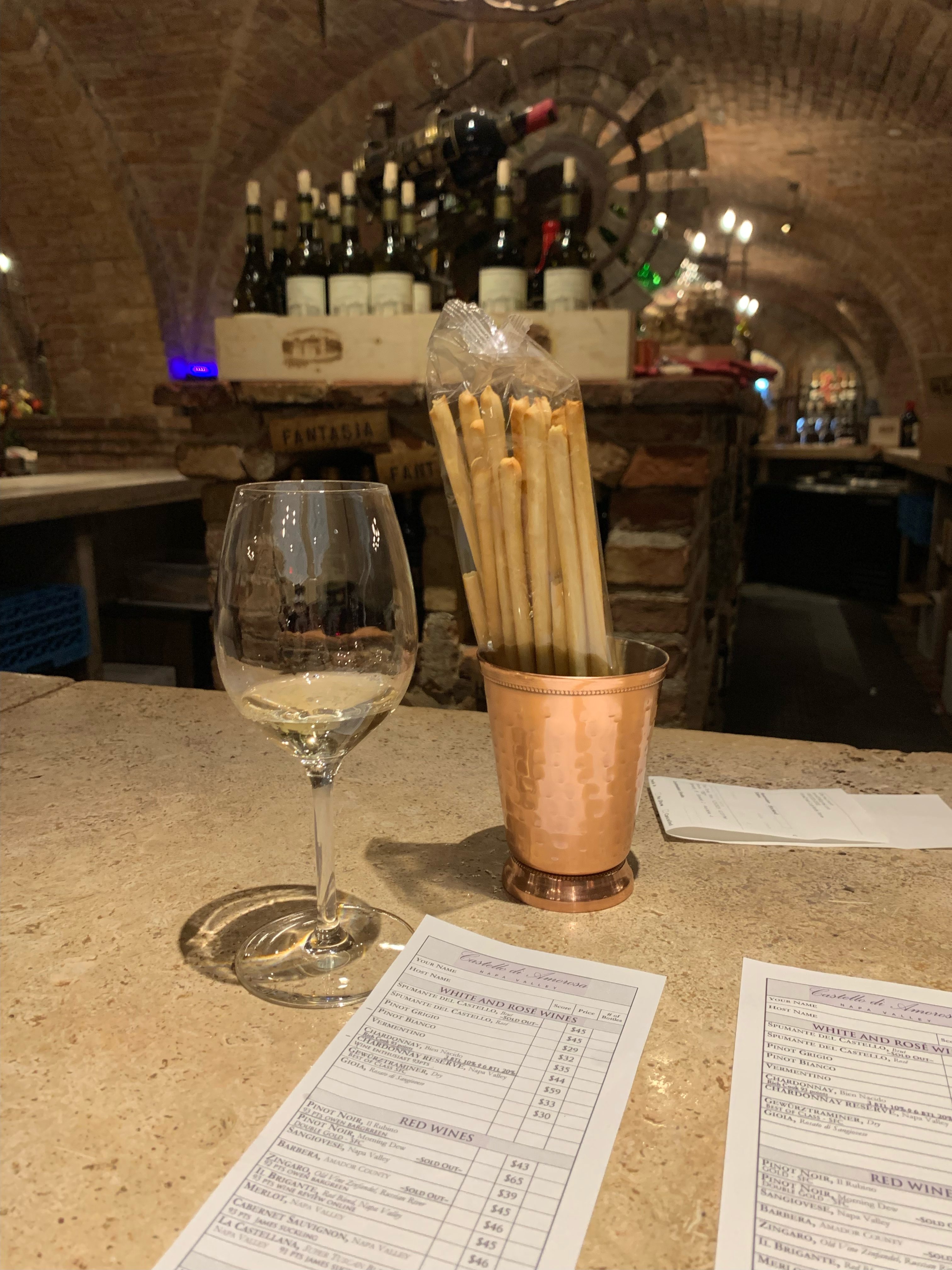 wine and breadsticks at Castello di Amorosa