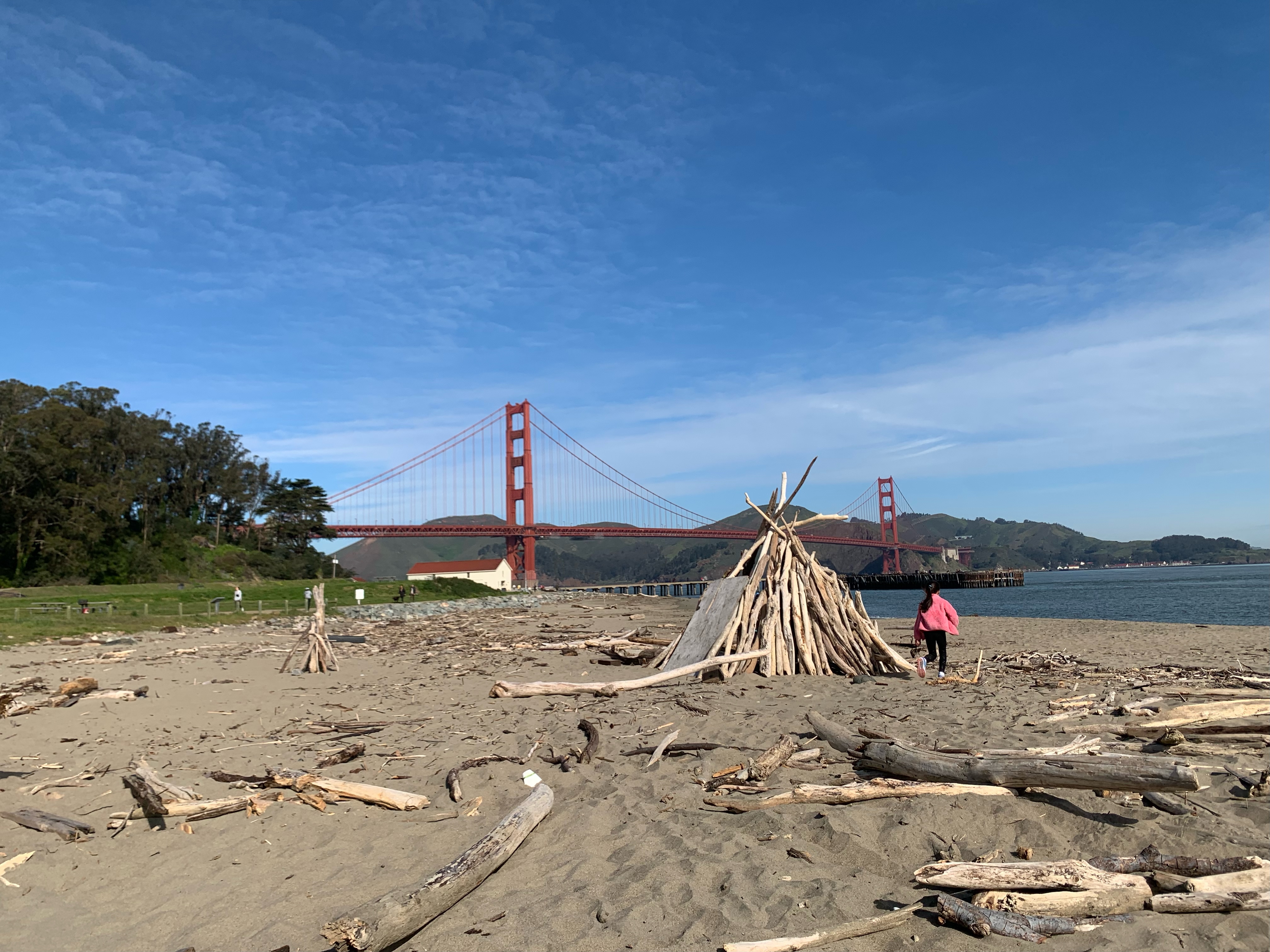 little girl in pink at a beach by the golden gate bridge