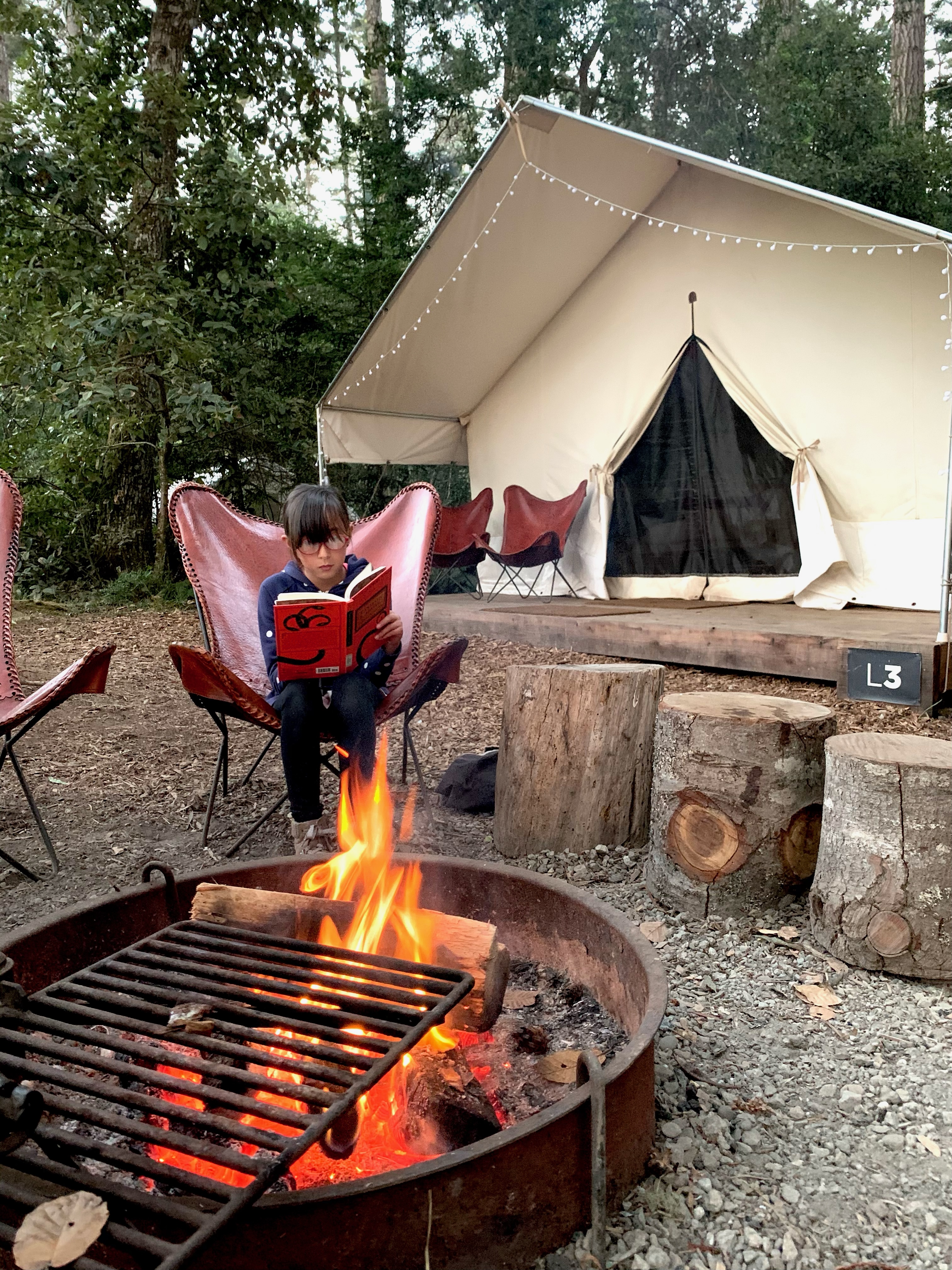 girl reading by a campfire at Mendocino Grove California