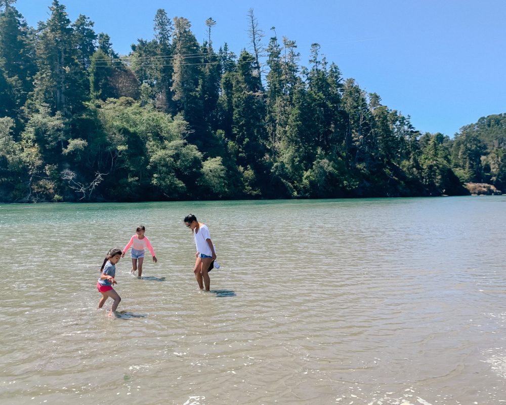 mom and daughters playing in the Big River at Mendocino, California