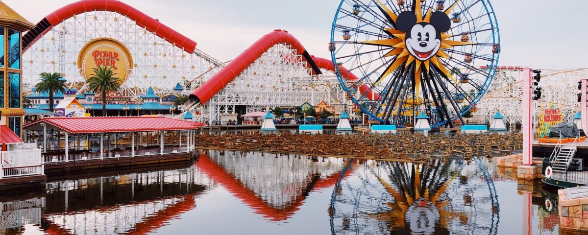 Paradise Pier, with roller coasters and Mickey Mouse ferris wheel at California Adventure amusement park at the Disneyland Resort in Anaheim, California.